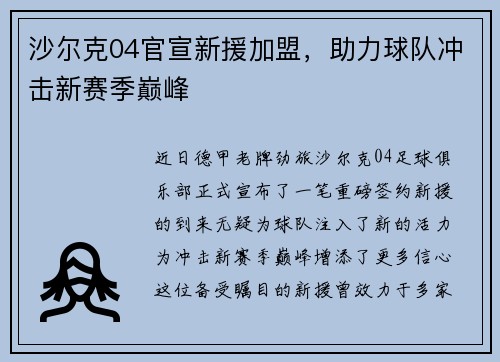 沙尔克04官宣新援加盟，助力球队冲击新赛季巅峰