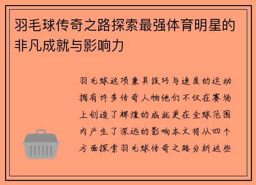 羽毛球传奇之路探索最强体育明星的非凡成就与影响力
